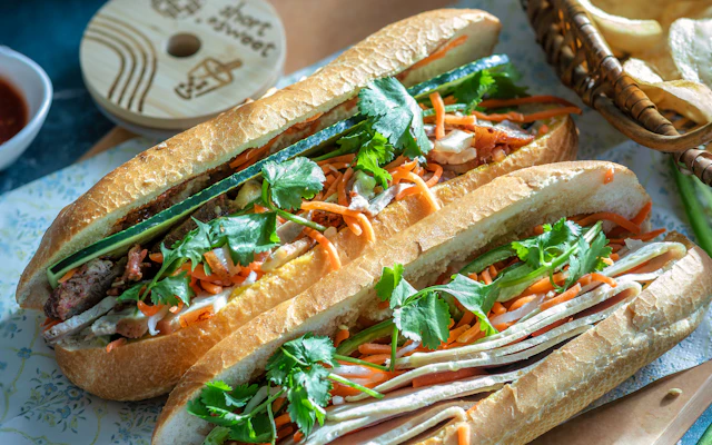 Belegte Banh-mi-Baguettes mit Gemüse und Kräutern