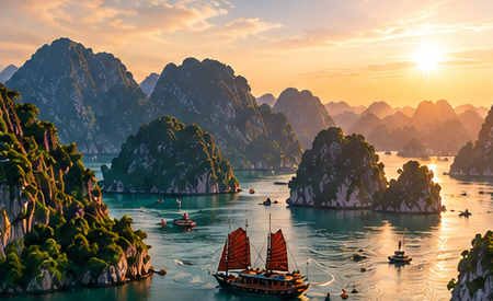 KI-Illustration: Dschunke in der Halong-Bucht
