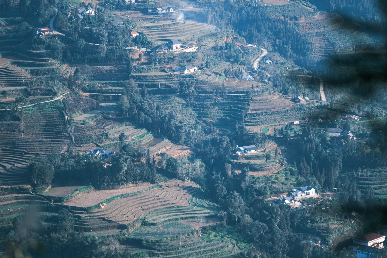 Terrassierte Felder, Häuser und bewaldete Hänge in Bac Ha